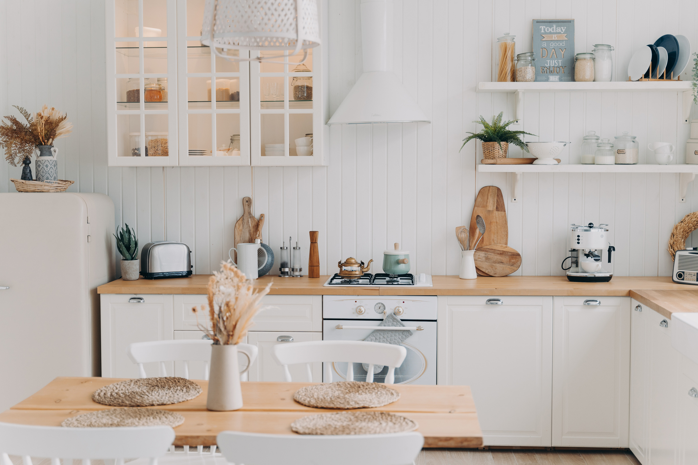 Scandinavian kitchen design. Modern dining room decoration.